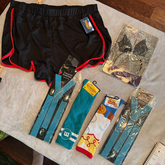 Lot Of Spirit Halloween Accessories Socks suspenders shorts headband NEW - Picture 1 of 7